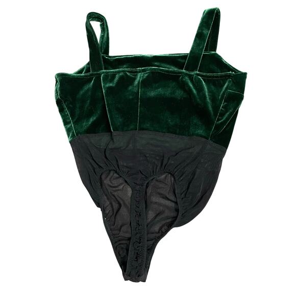 Geneva Vintage Tank Bodysuit Dark Green Velvet Mesh Thong Rhinestone Women's S - Picture 2 of 8